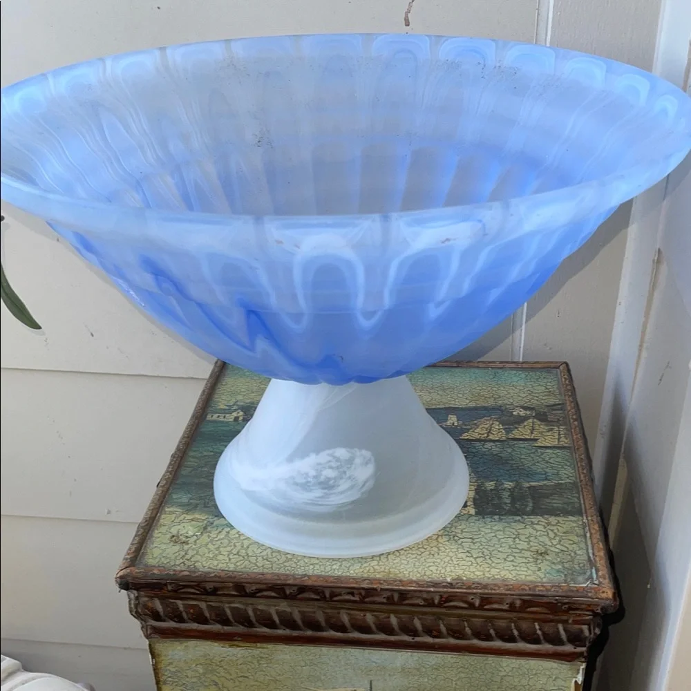 Blue and White Glass Pedestal Bowl - Decorative Centerpiece